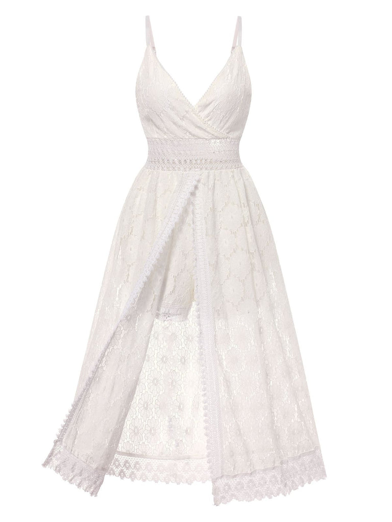 1970s Strap Boho Lace Floral Skirted Romper