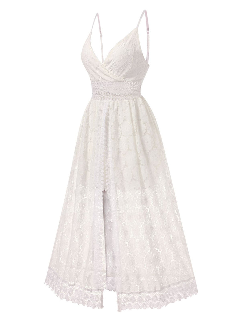 1970s Strap Boho Lace Floral Skirted Romper