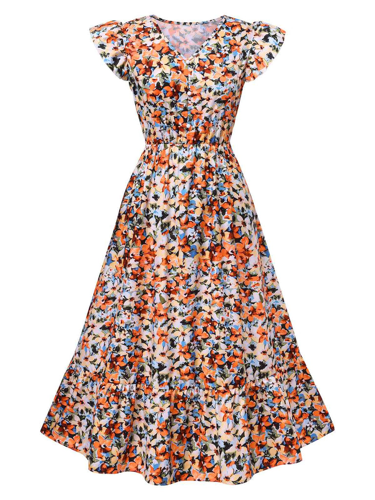 Multicolor 1930s Cap Sleeve Floral Dress