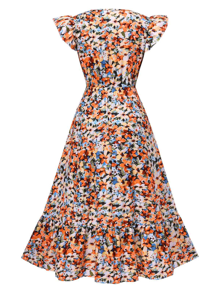 Multicolor 1930s Cap Sleeve Floral Dress