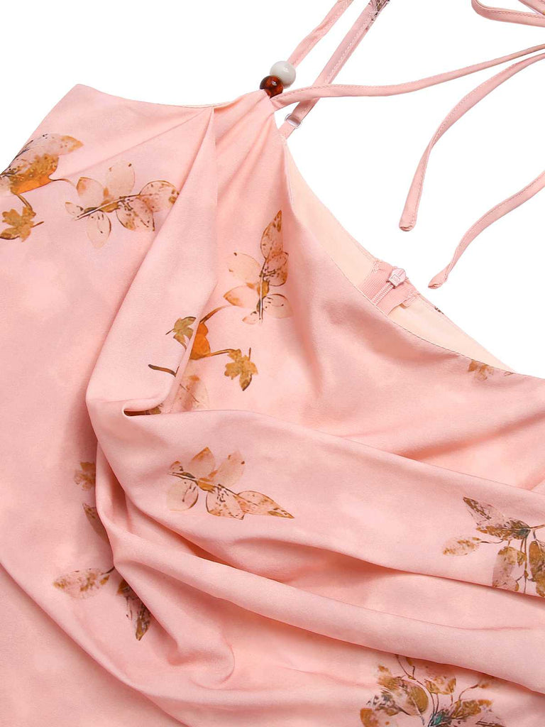 Pink 1930s Halter Strap Floral Satin Dress