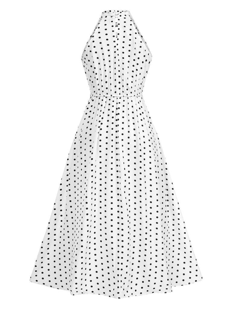White 1950s Halter Polka Dots Bow Dress