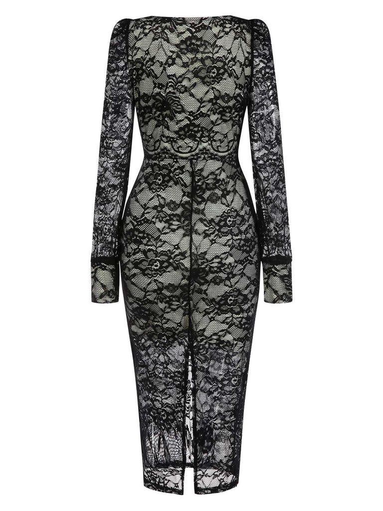 Black 1960s Square Neck Lace Bodycon Dress