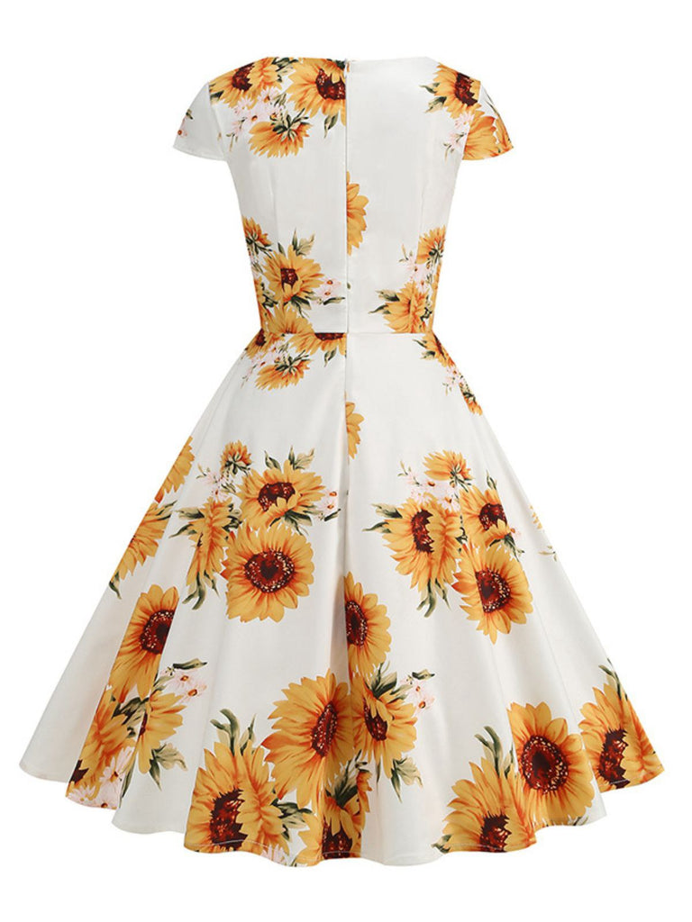 White & Yellow 1950s Sunflower Swing Dress