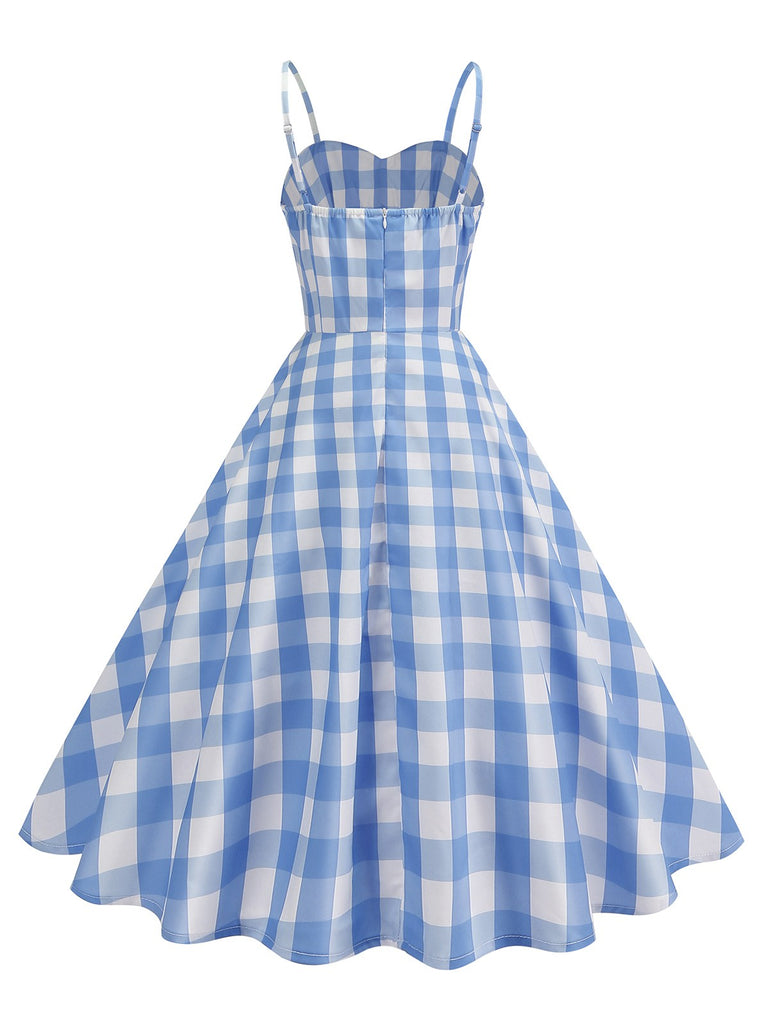 1950s Ruched Spaghetti Straps Gingham Plaid Dress
