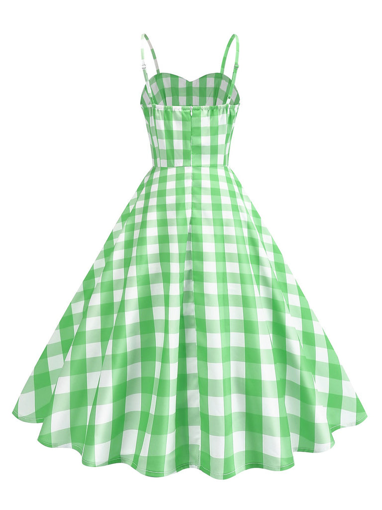 1950s Ruched Spaghetti Straps Gingham Plaid Dress