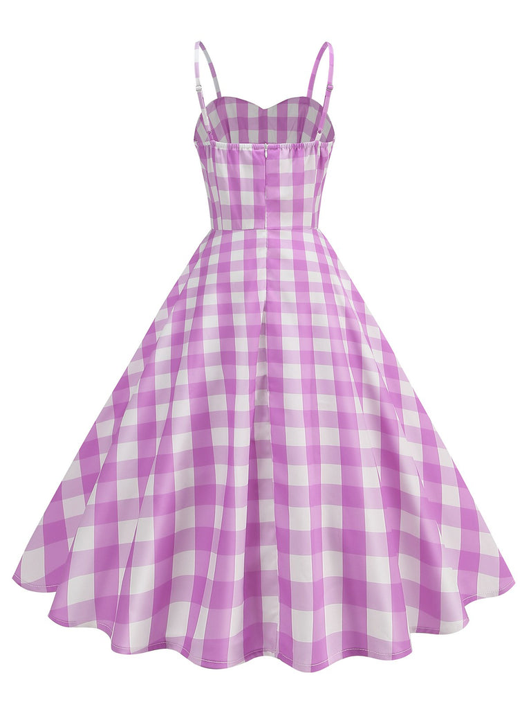 1950s Ruched Spaghetti Straps Gingham Plaid Dress
