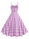 1950s Ruched Spaghetti Straps Gingham Plaid Dress