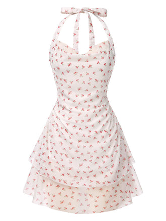 White 1960s Ditsy Floral Sweetheart Halter Dress