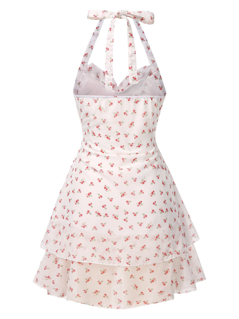White 1960s Ditsy Floral Sweetheart Halter Dress