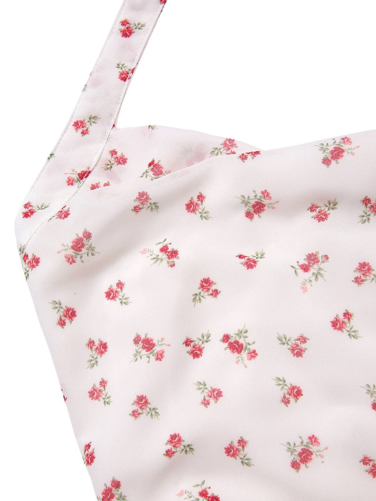 White 1960s Ditsy Floral Sweetheart Halter Dress
