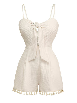 Beige 1950s Solid Spaghetti Straps Smocked Romper
