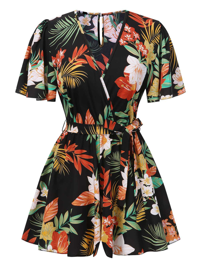 1970s V-Neck Boho Floral Belted Romper