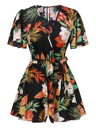 1970s V-Neck Boho Floral Belted Romper