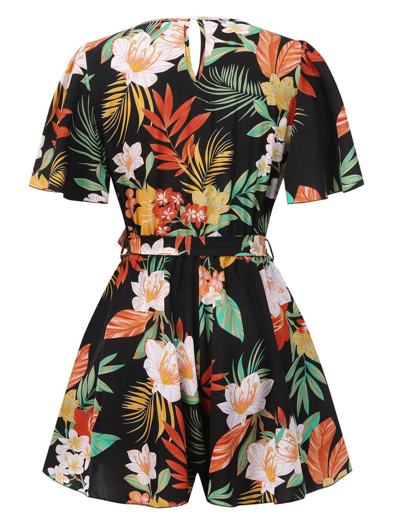 1970s V-Neck Boho Floral Belted Romper