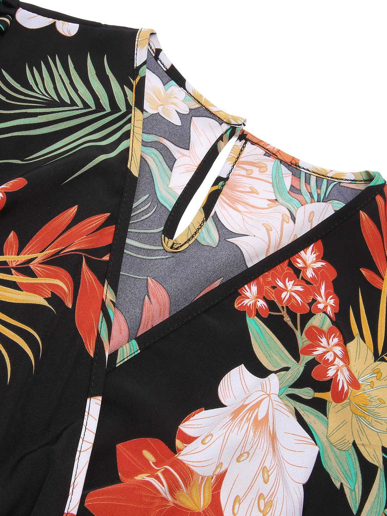 1970s V-Neck Boho Floral Belted Romper