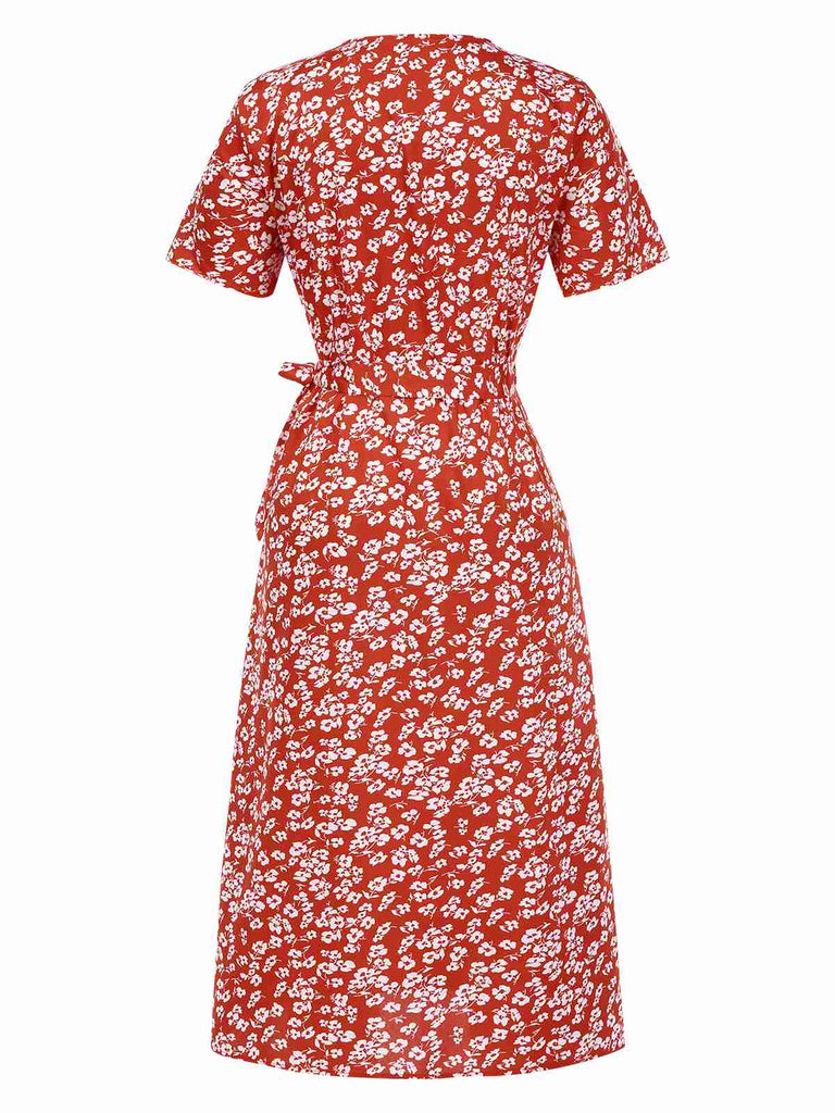 Red 1940s V-Neck Ditsy Floral Wrap Dress