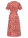 Red 1940s V-Neck Ditsy Floral Wrap Dress