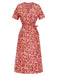 Red 1940s V-Neck Ditsy Floral Wrap Dress