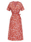 Red 1940s V-Neck Ditsy Floral Wrap Dress