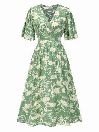 Green 1940s V-Neck Silhouette Floral Dress