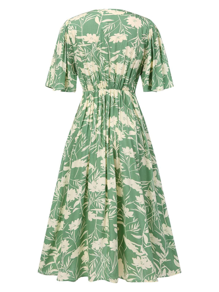 Green 1940s V-Neck Silhouette Floral Dress