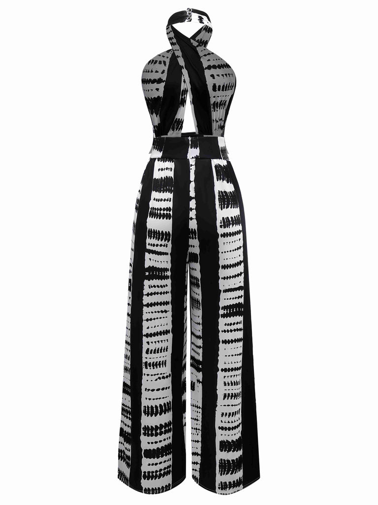 Black 1930s Ink Stains Cross Halter Jumpsuit