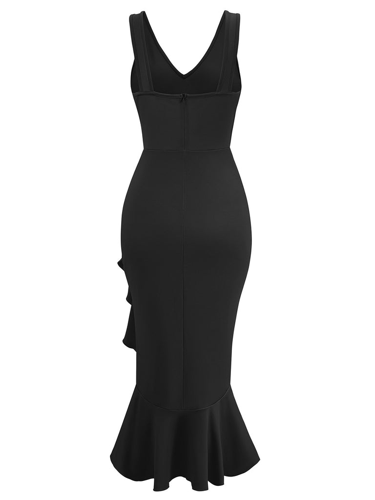 1930s V-Neck Sleeveless Ruffled Fishtail Dress