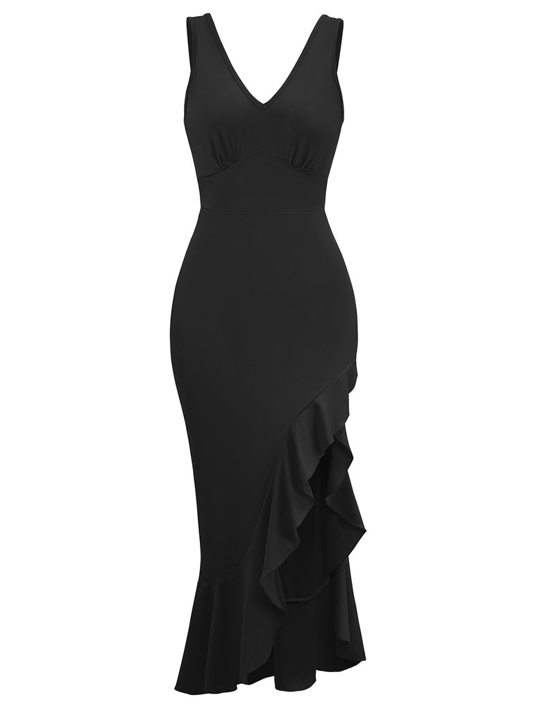 1930s V-Neck Sleeveless Ruffled Fishtail Dress