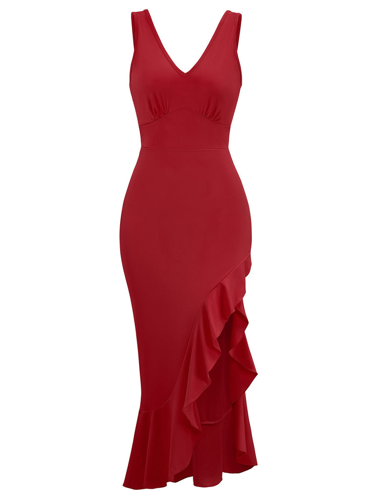 1930s V-Neck Sleeveless Ruffled Fishtail Dress