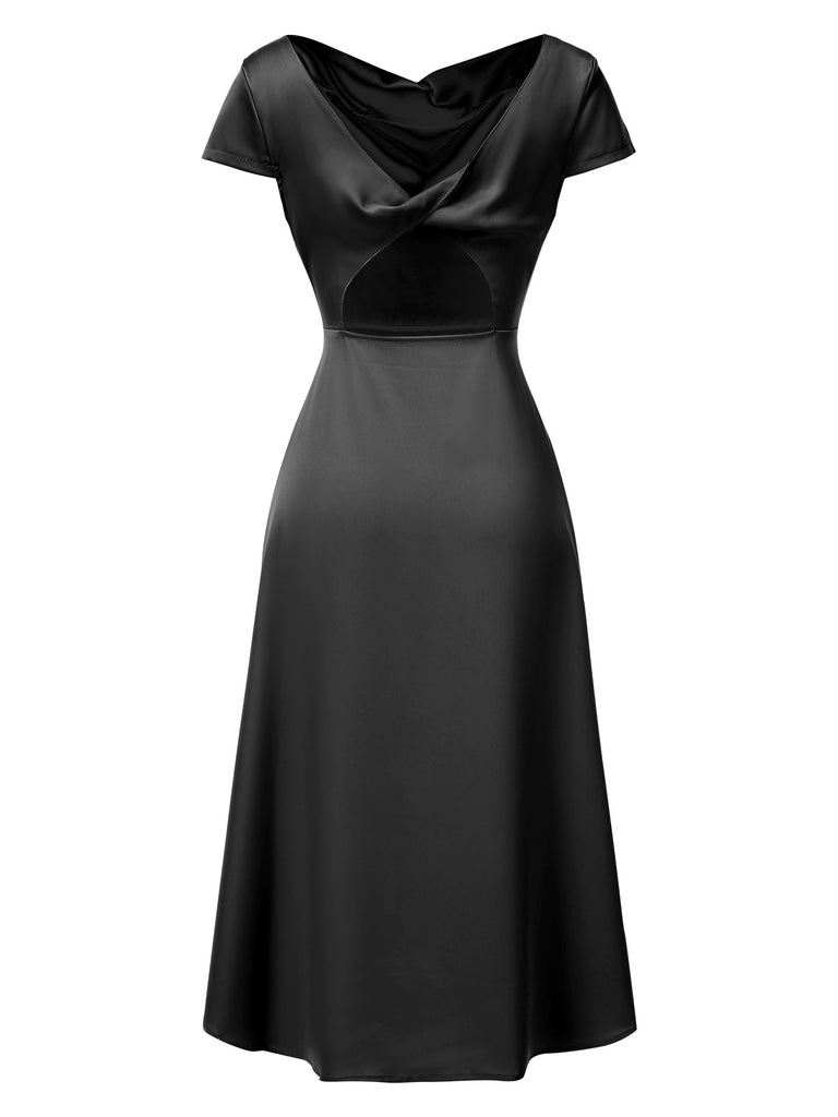 1940s Solid Cowl Neck Satin Back Cutout Dress