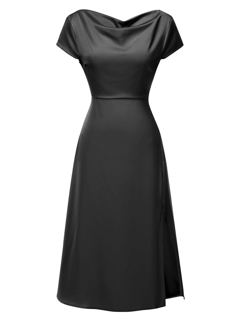1940s Solid Cowl Neck Satin Back Cutout Dress