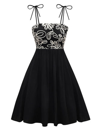 Black 1950s Floral Textured Spaghetti Straps Dress