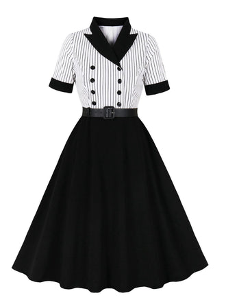 Black 1950s Vertical Stripe Patchwork Lapel Dress
