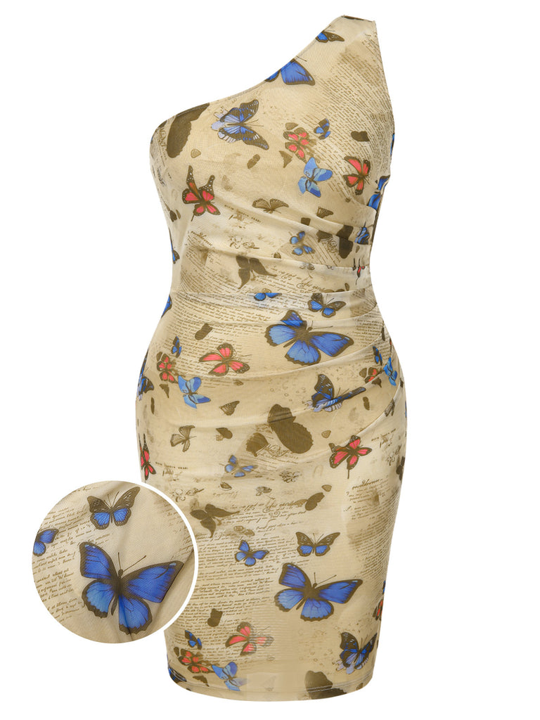 [Pre-Sale] [Plus Size] 1960s One-Shoulder Butterflies Ruched Bodycon Dress