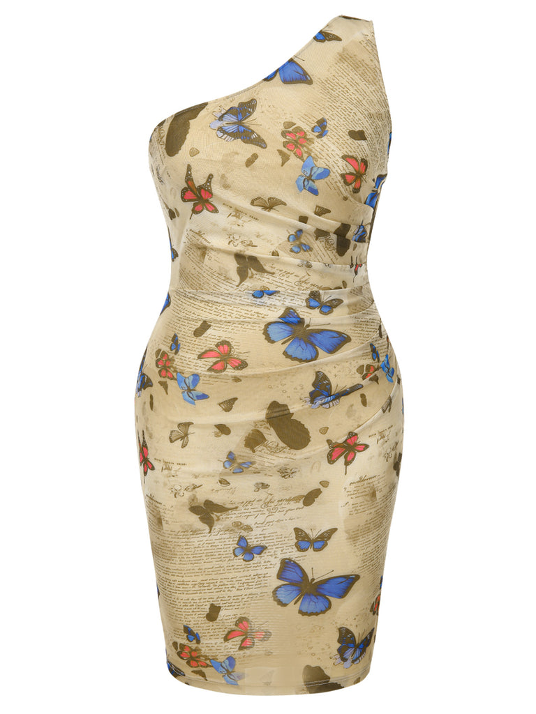 [Pre-Sale] [Plus Size] 1960s One-Shoulder Butterflies Ruched Bodycon Dress