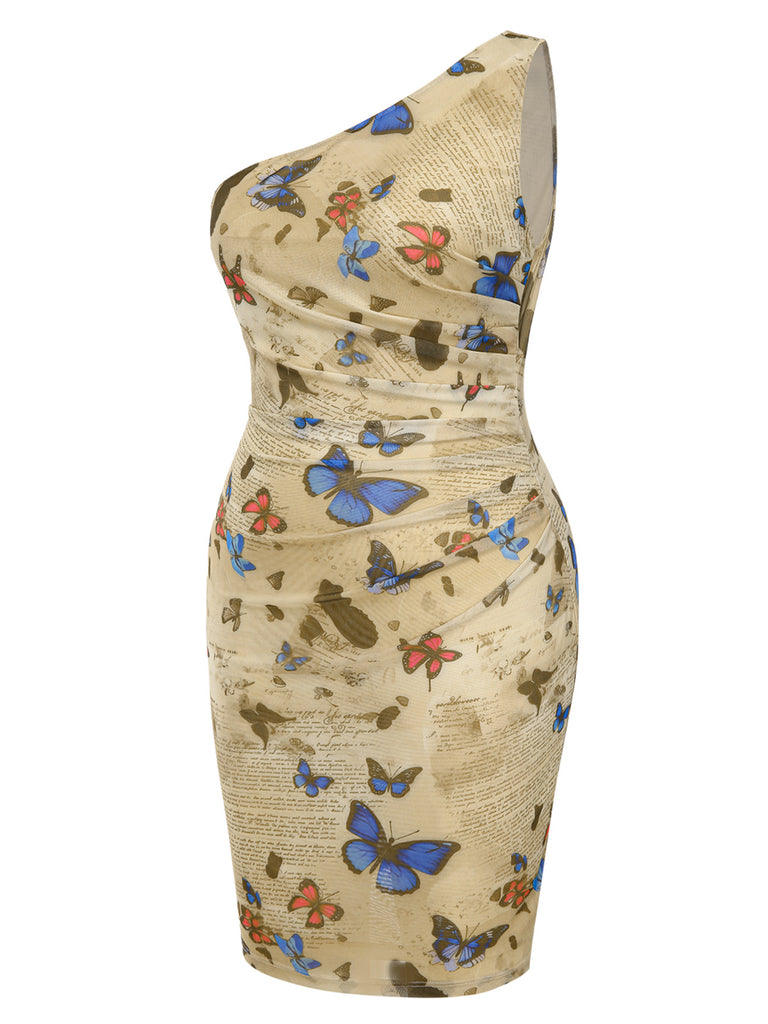 [Pre-Sale] [Plus Size] 1960s One-Shoulder Butterflies Ruched Bodycon Dress