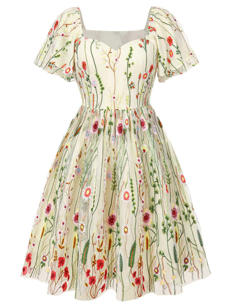 [Pre-Sale] [Plus Size] Multicolor 1940s Floral Embroidery Ruffle Sleeves Dress