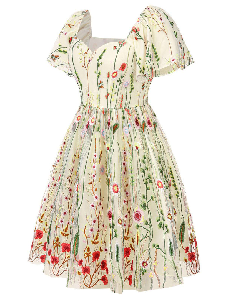 [Pre-Sale] [Plus Size] Multicolor 1940s Floral Embroidery Ruffle Sleeves Dress