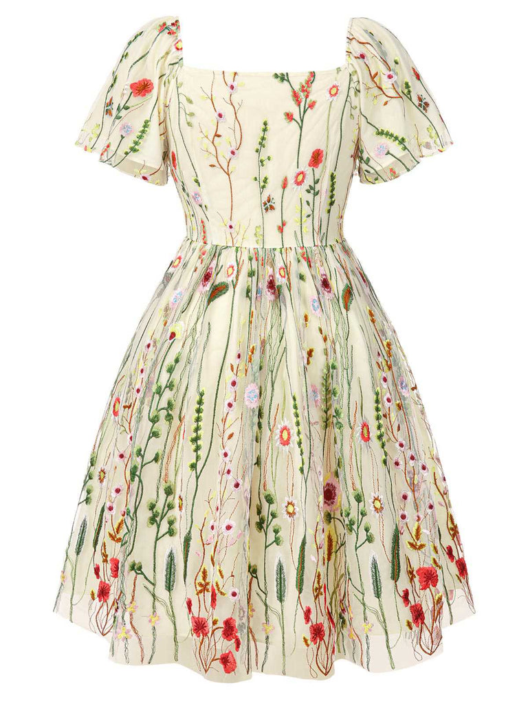 [Pre-Sale] [Plus Size] Multicolor 1940s Floral Embroidery Ruffle Sleeves Dress