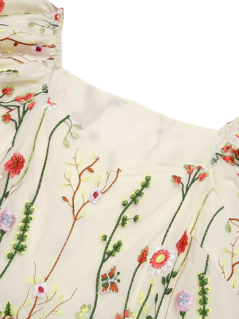 [Pre-Sale] [Plus Size] Multicolor 1940s Floral Embroidery Ruffle Sleeves Dress