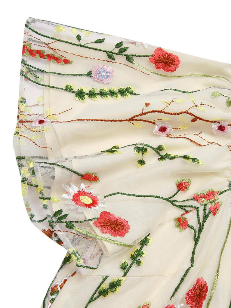 [Pre-Sale] [Plus Size] Multicolor 1940s Floral Embroidery Ruffle Sleeves Dress