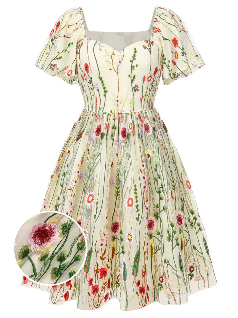 [Pre-Sale] [Plus Size] Multicolor 1940s Floral Embroidery Ruffle Sleeves Dress