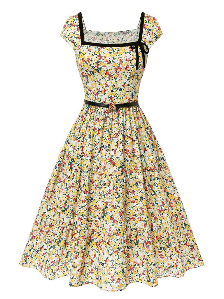 [Pre-Sale] Multicolor 1950s Ditsy Floral Square Neck Belted Dress