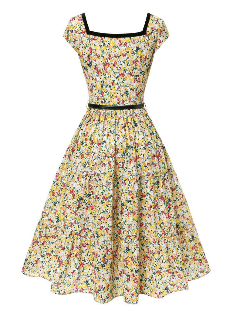 [Pre-Sale] Multicolor 1950s Ditsy Floral Square Neck Belted Dress