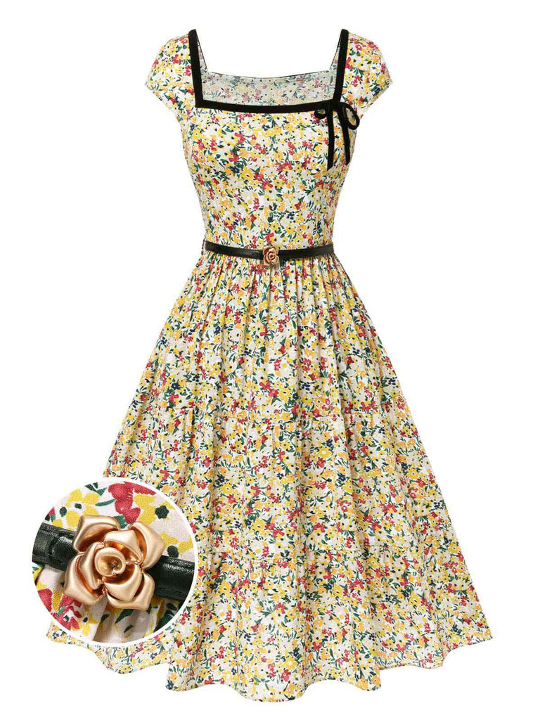 [Pre-Sale] Multicolor 1950s Ditsy Floral Square Neck Belted Dress