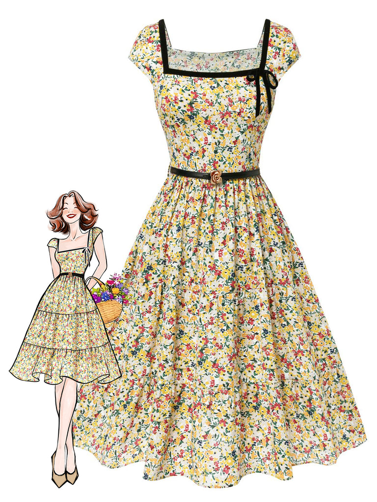 [Pre-Sale] Multicolor 1950s Ditsy Floral Square Neck Belted Dress