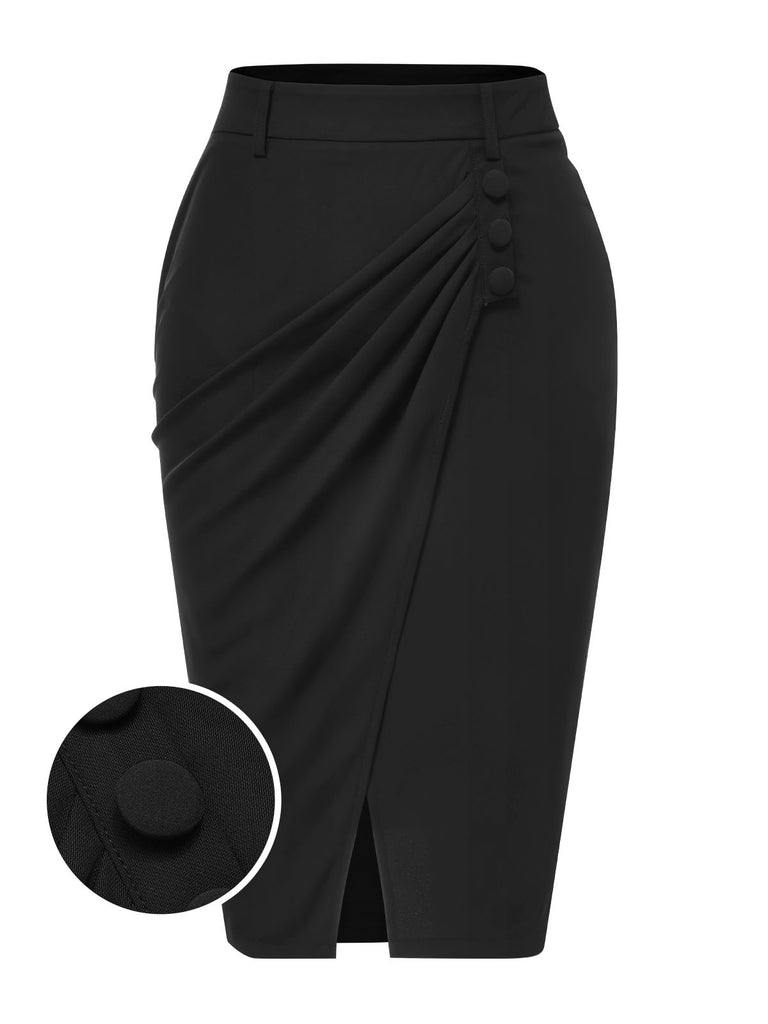 [Pre-Sale] Black 1960s Solid Iregualr Ruched Pencil Skirt