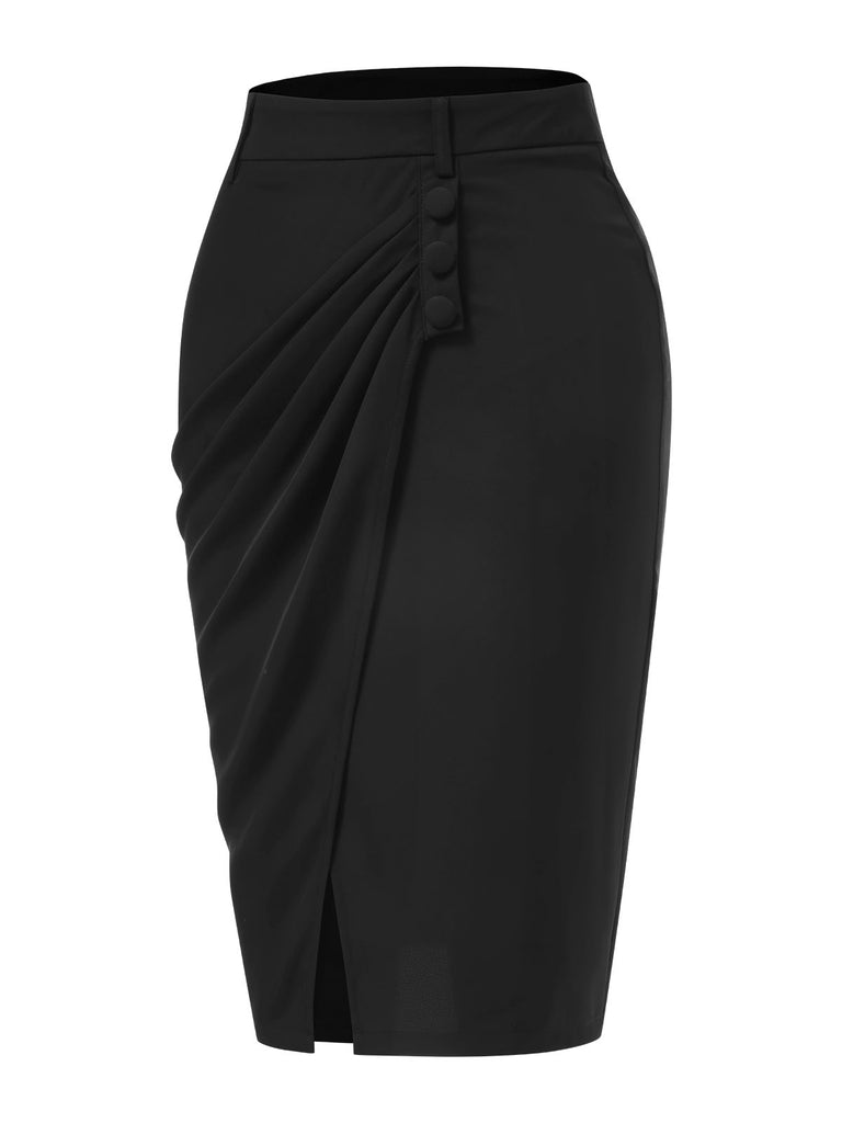 [Pre-Sale] Black 1960s Solid Iregualr Ruched Pencil Skirt