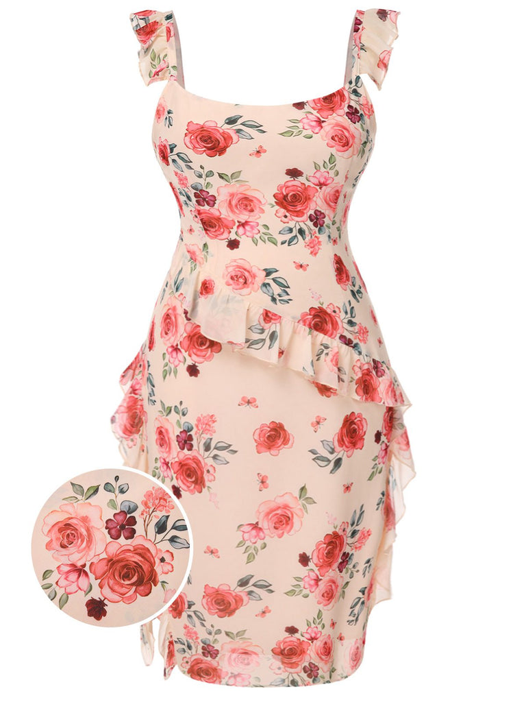 [Pre-Sale] [Plus Size] Beige 1930s Ruffle Slit Rose Dress